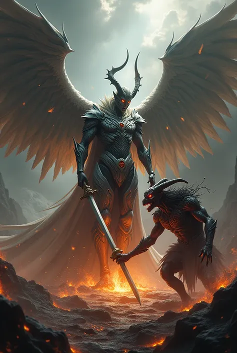 An image of a fierce arch angel with a sword fighting the devil 