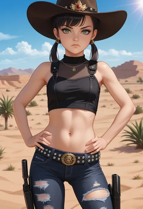 (high quality, masterpiece, score_9, score_7_up,score_8_up,best quality), solo , small girl, young girl, small breasts, black hair, bangs, twin tails, green eyes, black cowboy hat, black jeans, covered legs, large belt, black belt, studded belt, ripped shi...