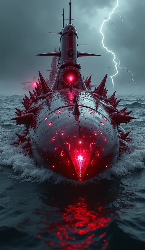 monstrous hybrid entity combining the sleek, imposing design of a military submarine with the deep red, lustrous appearance of a ruby stone. The submarines exterior is adorned with jagged ruby shards, reflecting a fierce, dangerous aura. Its surface is pol...