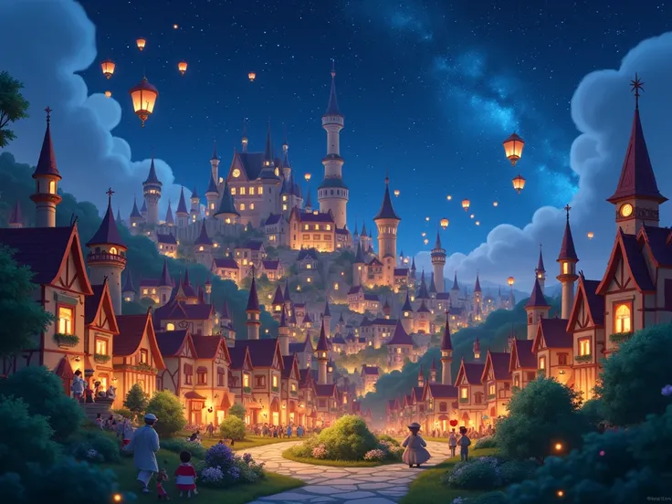  image for a cartoon story YouTube video in Pixar format.   the city of Lunnograd ,  is a beautiful fairytale city,  starry sky 