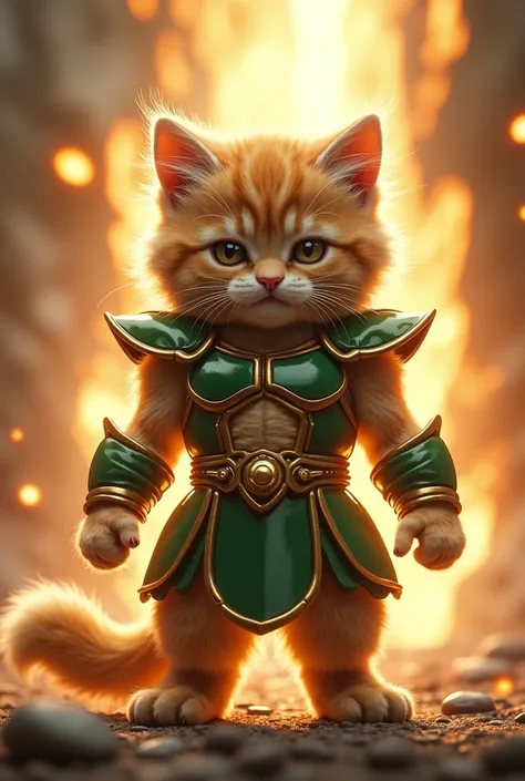 A realistic kitten, with dense and soft fur ,  wearing Brolys combat suit ,  with the iconic green and gold armor ,  and the power bracelets that recall the style of the legendary Saiyan. The feline is in a powerful pose , with tensed muscles,  as if he we...