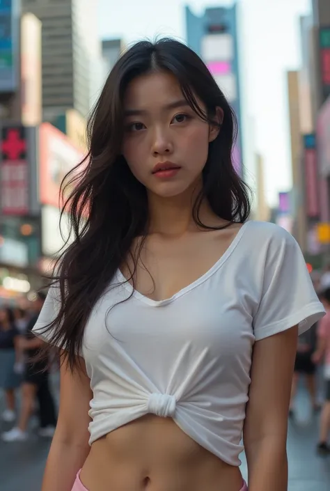    Long-Haired Female Chest  、  White Wet T-shirt   、Nipple protrusion、 Slightly Raised Korean Female Chest 、  looking at the lens  、 Slightly Surprised Expression 、 Times Square Shooting ，daytime， Pure White Ultra Loose T-Shirt  