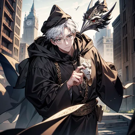 (masterpiece,  Best Illustration ,) middle ages, Beak Mask,  black robe, City Background, [doctor,  masked, 1 person, Clear, Fine motor skills,  wearing a hat with two, Glasses, can&#39;I can&#39;t see, }  Crow Wearing a Brimmed Hat 