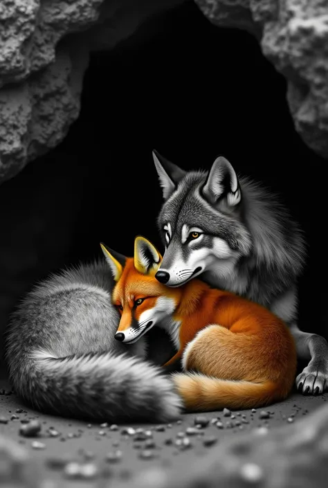 Hyperrealistic macro photo: a black and white female wolf who is lying tenderly with an intensely colored red fox and forms a heart under the shelter of a cave. 