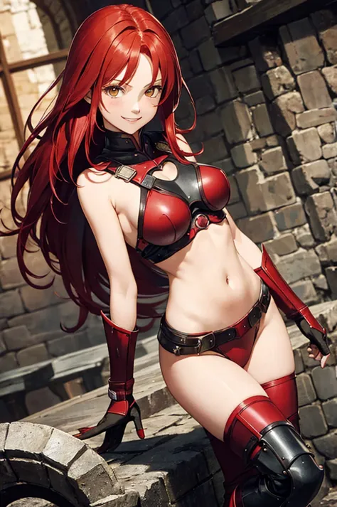 in a red haired, long-armed female in medieval armor, 1girl, solo, red hair, navel, gloves, smile, yellow eyes