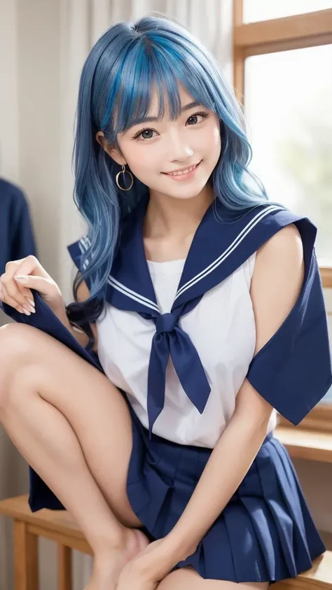 Product quality, 1 Japanese woman in a Go class,student,((6.5 head and body)), cowboy shots,(((Thigh Emphasis))),( Young and Beautiful Japanese Woman ),(Lunch Break School Teacher ),with chest and knees,smile,(( High School Girl Sailor Suit )),shirt,tie, C...