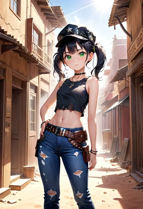 (high quality, masterpiece, score_9, score_7_up,score_8_up,best quality), solo , small girl, young girl, small breasts, black hair, bangs, twin tails, green eyes, black cowboy hat, black jeans, covered legs, large belt, black belt, studded belt, ripped shi...