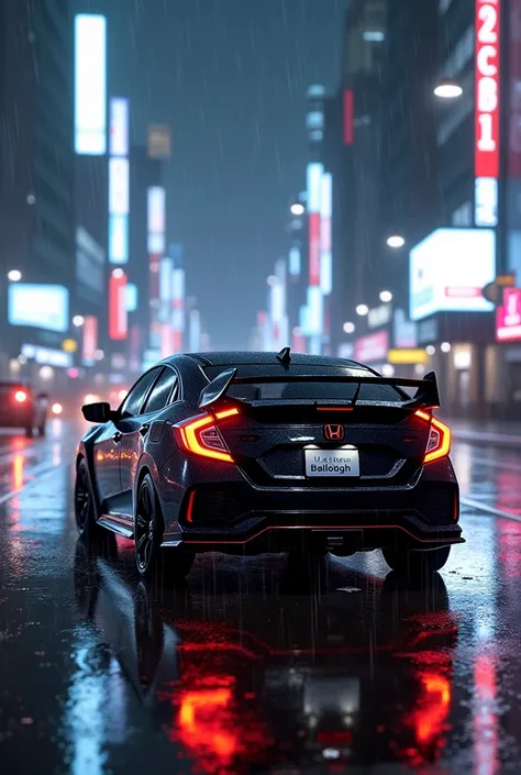  A realistic modern city roads in night rainy roads a black metallic honda civic 2024 model with black spoiler black tyres and rims are black plate number is "NASIR BALOCH " WITH VISIBLE FONTS