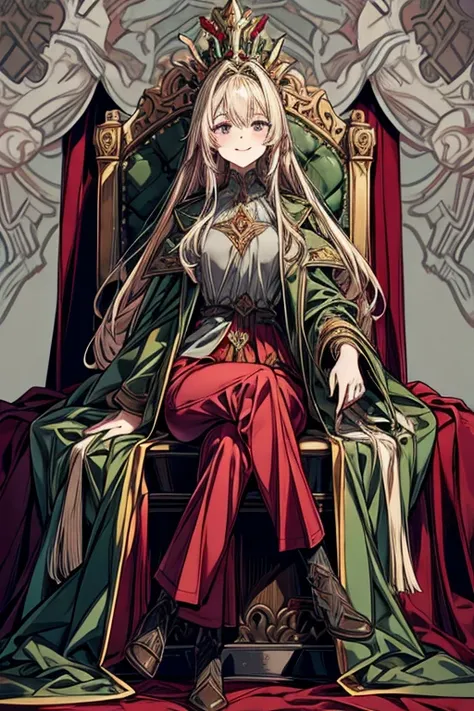 young woman,  sits powerfully on the throne,  long blond hair,  dark green coat ,  dark red pants , gray shirt, pink lipstick, smiles playfully, holds a dagger 