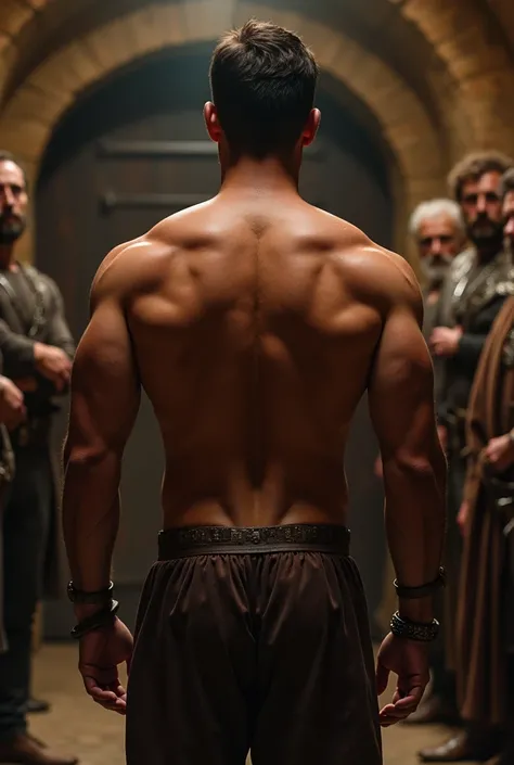 Younger, Muscular bodybuilder presents his back muscles in medieval cellar vault. Rich men are watching him.