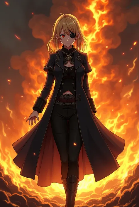 Generate an image of an anime middle aged woman with an eye patch, blonde hair, rosy eyes and black medieval coat and walking away from the flames. 