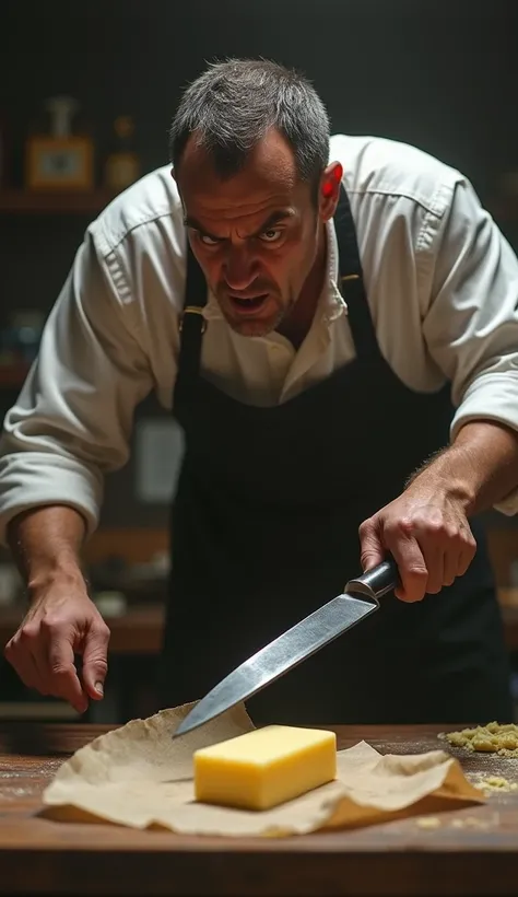 Le boulanger, un homme à la silhouette imposante, se tient au centre de son atelier, le visage crispé par la colère. Ses yeux sont plissés et fixent intensément le livre de beurre posé sur le plan de travail en bois, comme si cet ingrédient ordinaire était...