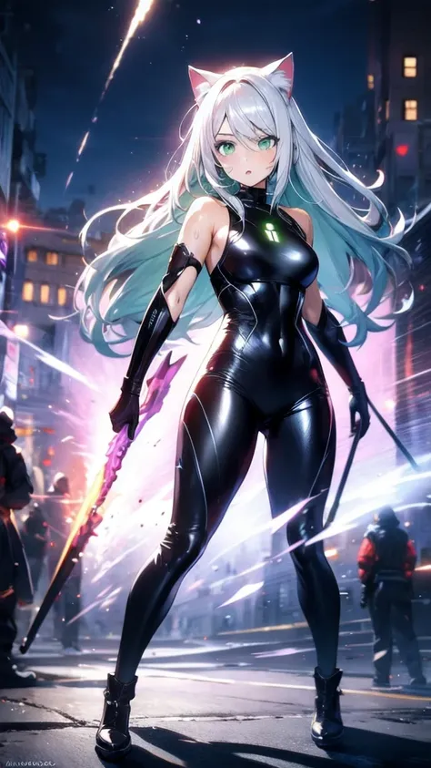 A beautiful girl with silver cat ears, green eyes, silver hair, long hair, black and white battle suit that fits her body perfectly, the background is the night city, the age is 14, dark night, sweat, steam from exhalation, dynamic angles, dynamic action p...