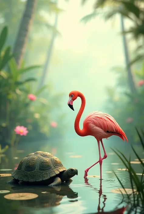 Flamingo and turtle in one picture 