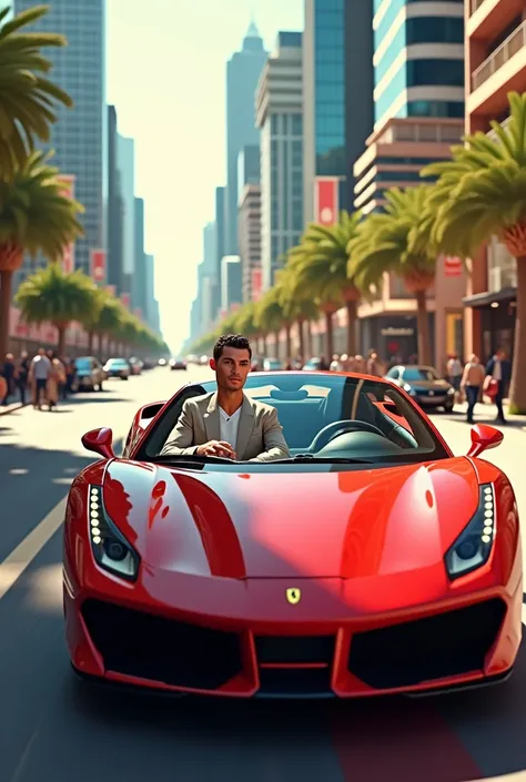 Ronaldo is driving the car on a luxurious street and wearing a freshness 