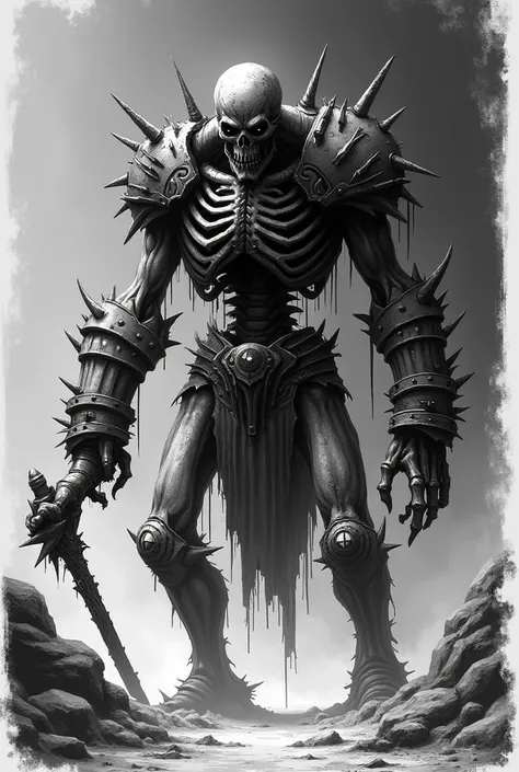 Black and white illustration of a Draugr in full, towering form, standing tall with its skeletal frame exposed beneath tattered, decaying armor. Its glowing, undead eyes pierce through the darkness, and its hands grip an ancient, rusted weapon. The body is...