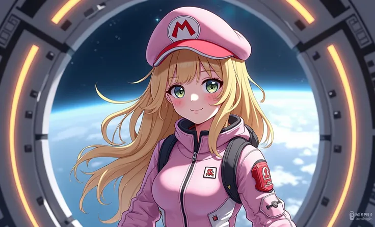 cute princess light gold hair, wearing Mario hat,light pink  Hitech armor space suit , in space ship background,2d image ,future hitechnology,no bra,unbuttoned