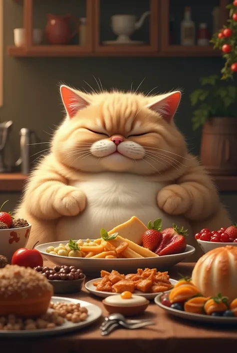 A fat cat is in a place where there is a lot of food 