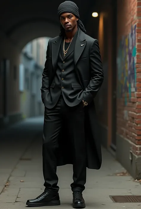 Combining a black suit with underground , Durag on the head and black sneakers can create a street wear look