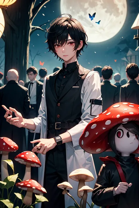 Mushroom man, male doctor, short hair, black dress, white skin, butterfly, on the night of a red full moon.