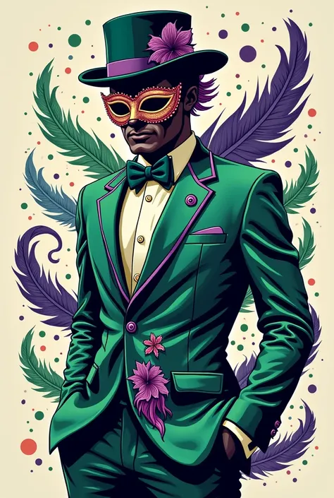  T-shirt is printed in the shape of a green purple suit，There are also some carnival masks 、The feather pattern 。