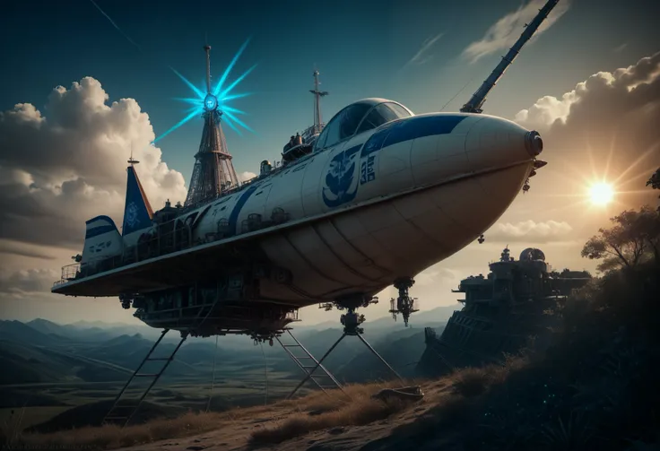 a highly detailed and intricate steampunk airship, ornate brass and copper plating, large propeller engines, numerous pipes and gears, glowing blue energy crystals, dramatic cloudy sky with rays of sunlight, cinematic dramatic lighting, photorealistic, (be...