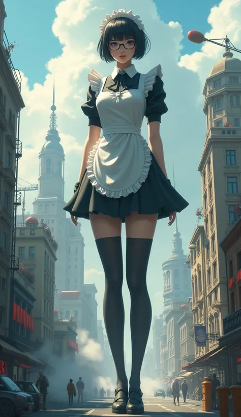 géante art, highly detailed géante shots, géante, cheveux courts, Une belle fille qui est plus grande que nimporte quel gratte-ciel, portant des lunettes sans monture, gros seins, grosses fesses, femme de ménage clothes, collants noirs, collants noirs, pie...