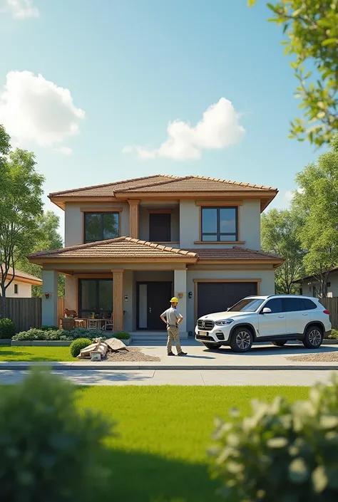 A builder constructing a under construction house which is under construction,a beautiful lawn is in the front the house,a suv car is parked in front of the gate, everything is looking realistic 