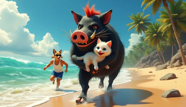 Style: Realistic, cinematic, bright, sharp, concept art: The male boar hold in arms the baby kitten, fast walking to end of the beach, BREAK, the baby kitten eating a lollipop, BREAK, run to end of the beach, head turned back looking back. Character: The m...