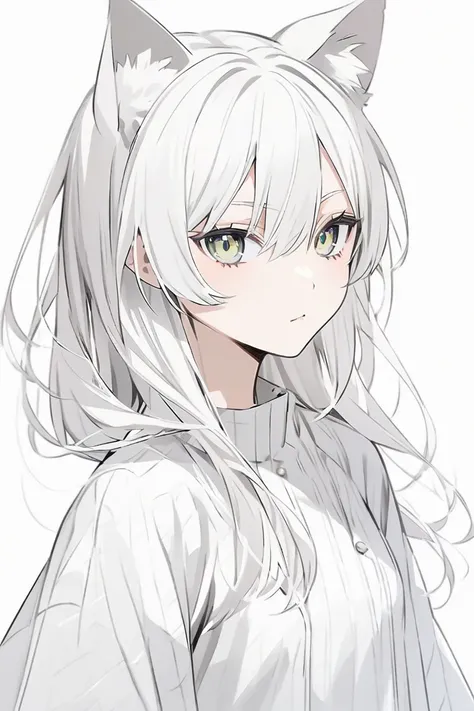 Cat ears　Neutral　White Hair　 semi-long