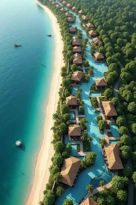 Image of a beach resort masterplan size 57m wide and length 175m, with atleast 60 villas, beautiful landscaping with lots of water features and pool. The image only has one long beach on one side. The villas are hut style.