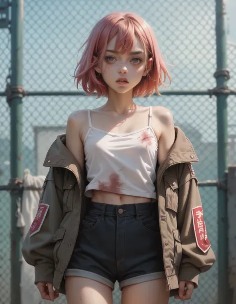 A Japanese woman with small breasts. She has bruises all over her body. Pink hair.  Rusty metal fence , military jacket and camisole