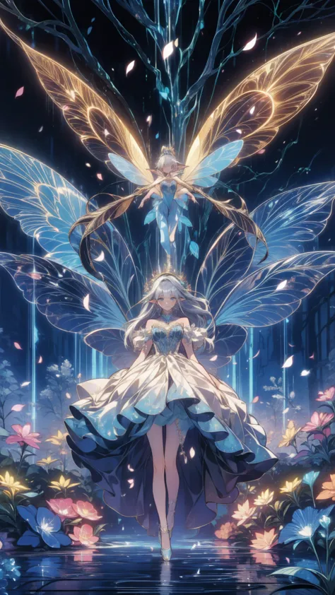 fairies in fairy armor,flying through enchanted forest,shining fairy dust,floating petals,majestic sunlight-filled,beautifully t...