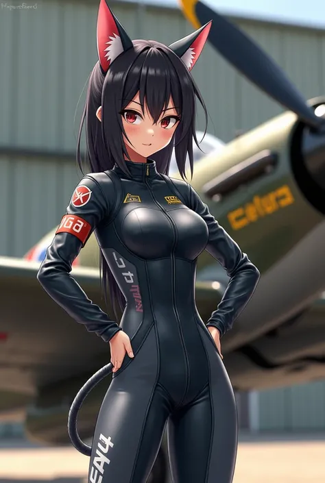 Smug Anime Racer Catgirl next to a Supermarine Spitfire Airplane