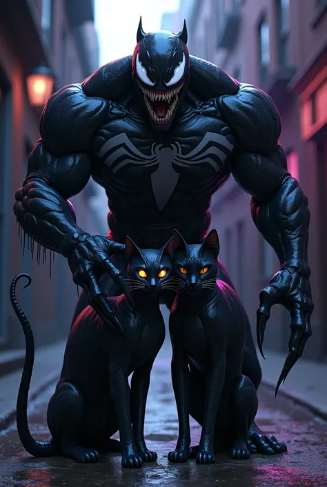 "A dark, ominous scene featuring Venom and a sleek black cat standing side by side. Venom looms tall, his muscular, glossy black form glistening with symbiotic texture, his menacing white eyes glowing faintly in the darkness. Beside him, the black cat mirr...