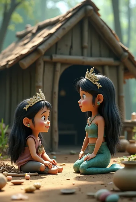 The image shows an 3 d animated scene titled "poor girls water mermaid friend," which translates to "The mermaid Friend of a Poor Girl." The setting features a poor girl sitting in front of a village house, have herbs at hand. She is dressed in simple, pat...