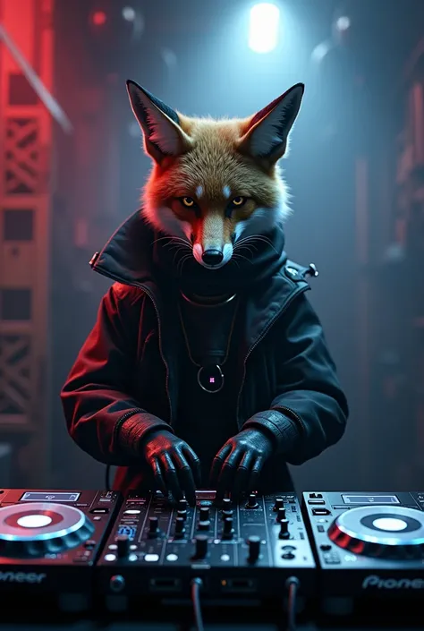 A fox as a DJ in a gloomy techno club with Pioneer CDJ players and a Pioneer DJM mixer 