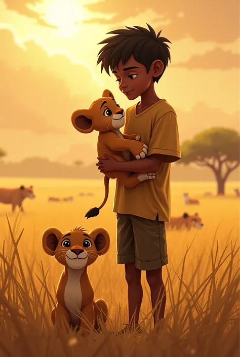 Here are some image prompts for each part of the story:

*Scene 1: Kofi finds the lion cub*

- Image prompt: "A young boy (Kofi) kneeling in a savannah landscape, discovering a tiny lion cub in a hidden den, with sunlight filtering through the grasses."
- ...