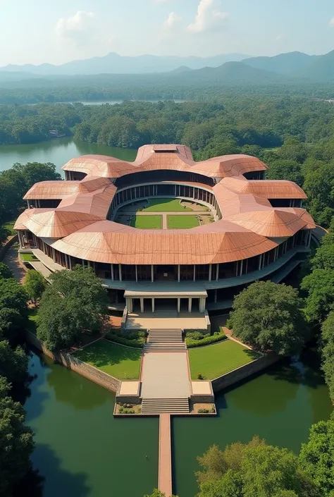 The Sri Lankan Parliament building is a regional modernist design by Geoffrey Bawa thats known for its asymmetrical layout, copper roofs, and man-made lake: 
Asymmetrical layout
The building is made up of a group of pavilions with a central pavilion surrou...