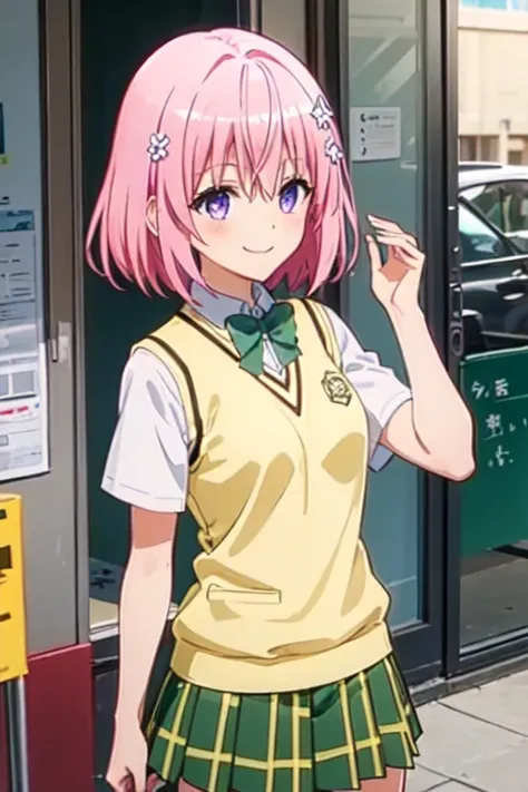 Momo Deviluke, Hair Flowers,  hair accessories,  purple eyes、  pink hair, short hair, Tail,demon Tail,  Sainan High School Uniform,  white shirt,  sweater vest, ( yellow vest :1.1), Short sleeve,  plaid skirt ,  green skirt, Short sleeve, best quality,ligh...