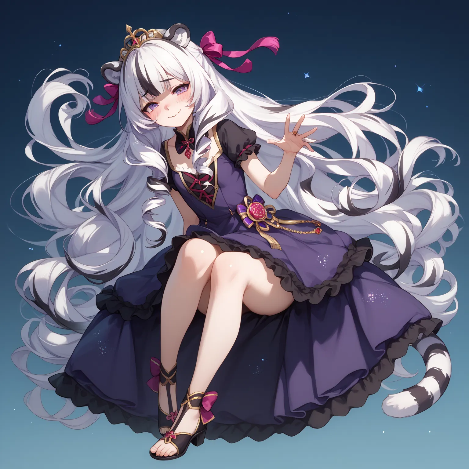 ((masterpiece)), 1girl, solo, very long hair, white tiger ears, white tiger tail, purple eyes, manic smile, full body, purple dr...