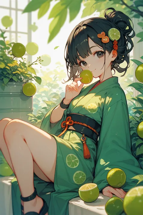 one girl, in a lime green kimono, black eyes, black hair, cute hair ornament