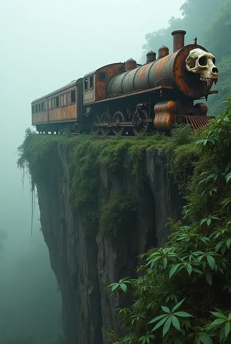 (RAW PHOTO), The rusted long train with the skull of a lion, in the Amazon jungle, on the highest cliff, Moss, fog, details, hyper-realistic, 16k