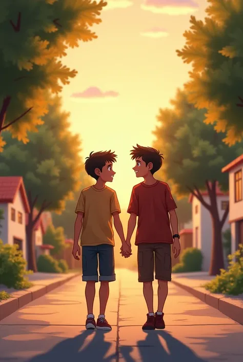 Create a heartwarming scene of two 14-year-old boys, Mirav and Kael, walking home together through a quiet neighborhood street. They are laughing and talking casually, side by side, with Mirav’s body language starting to open up—his shoulders relaxed, his ...