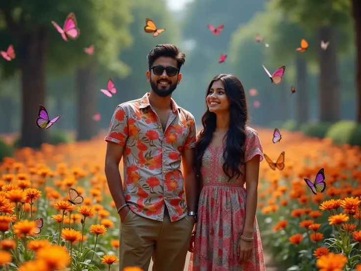 In realistic indian 23-Year-old cute Couple with wearing sunglass, and wearing colorfull shirt, pant with Nike shoes, young Girl wearing colorfull frock with white sandals,  so many voilet Butterflies in background, flower park, night Effects, ultra detail...