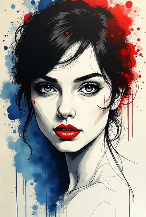 Concept art, young woman sketch, ink sketch, lip gloss, black ink, blue ink, accent red, face-to-face viewpoint, sketch, high resolution, ink splatter, abstract, cream paper,