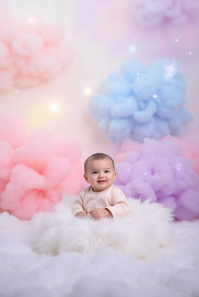 A soft, dreamy background featuring pastel-colored clouds in shades of pink, lavender, and baby blue. In the center, a 4-month-old baby sits on a fluffy white cloud, smiling gently. The baby is dressed in a light pastel outfit that blends with the dreamy s...