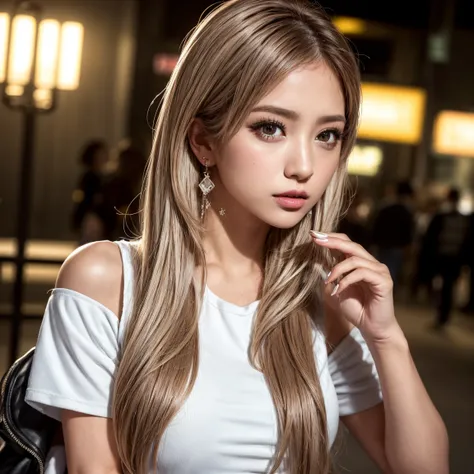 masterpiece, 8K, Award-winning photo, photoRealistic, Realistic, Very detailed, Ultra-high resolution, Ray Trakun, ///one person, night, Blurred streetscape of Korea, The most beautiful, 20-year-old, (sexy, Japanese idols), (blown hair:1.2, Cool disheveled...