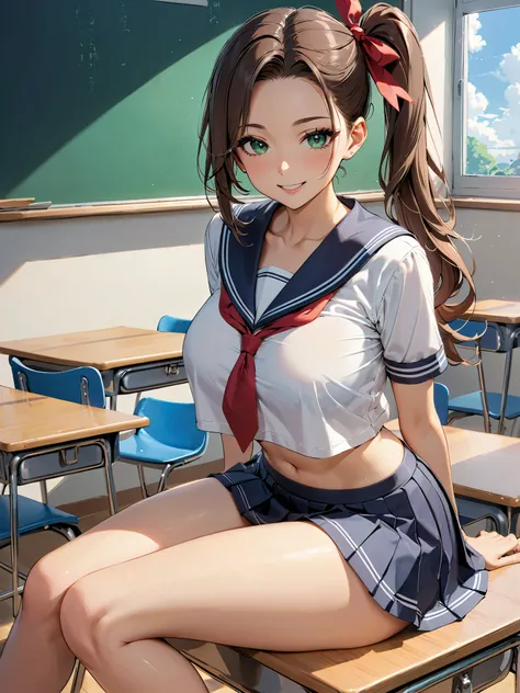 masterpiece, best quality, very aesthetic, 1girl, JK, detailed green eyes, tareme, half opened mouth, smile, dark brown hair, silky hair, (hair pulled back:), side ponytail, contrapposto, (sitting on the desk with legs together), hands behind back, navel, ...