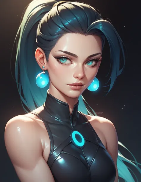 female black catsuit with bare shoulders and racerback, bare toned arms, beautiful faces, long black colored ponytail with showing forehead, earrings, soft smooth skin, pale skin, black background, cyan eyes, sci-fi, high contrast
